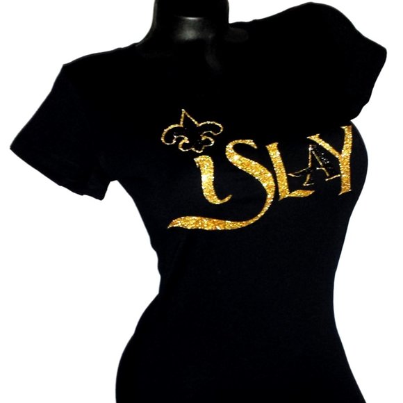 I Slay with Fluer De Lis on a Fitted Black Spandex Tee Shiny Lettering. New! - Picture 1 of 3
